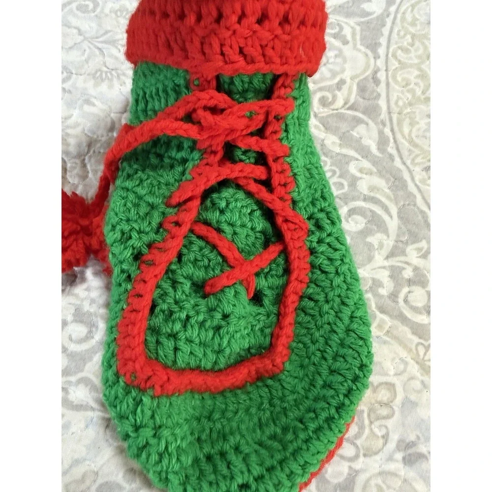 VTG‎ handmade crochet green red christmas baby stocking Granny Boot Pom-Poms